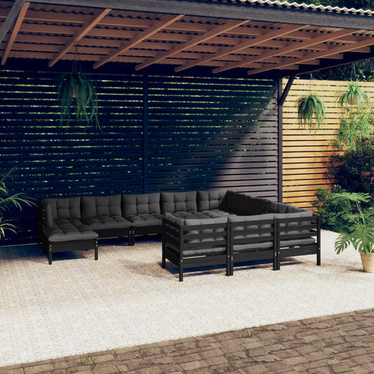 11-tlg. Garten-Lounge-Set mit Kissen Schwarz Kiefernholz