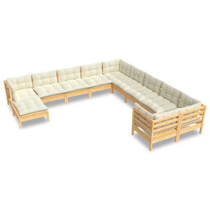 11-tlg. Garten-Lounge-Set mit Creme Kissen Kiefernholz