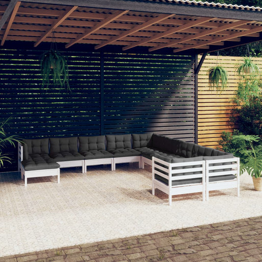 11-tlg. Garten-Lounge-Set mit Kissen Weiß Kiefernholz