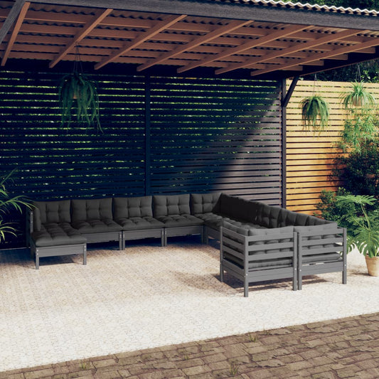 11-tlg. Garten-Lounge-Set mit Kissen Grau Kiefernholz