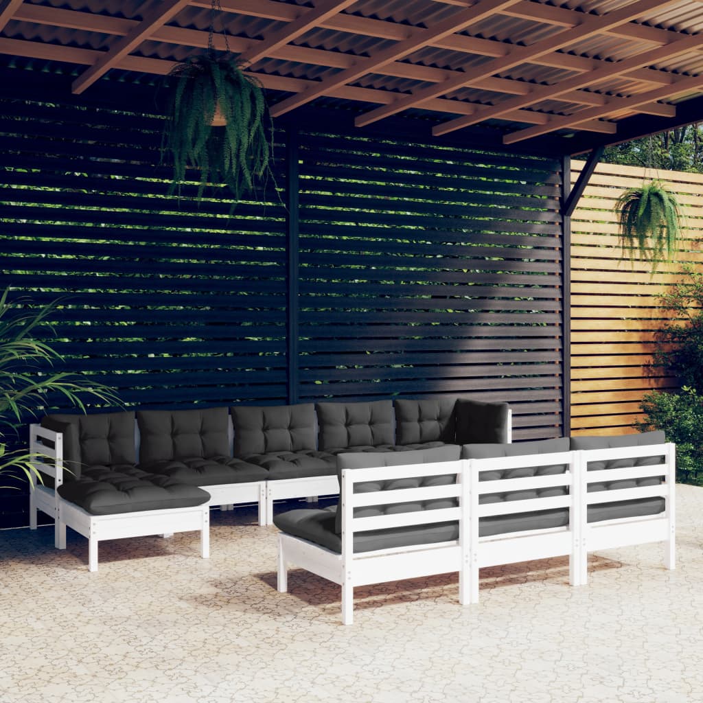 10-tlg. Garten-Lounge-Set mit Kissen Weiß Kiefernholz