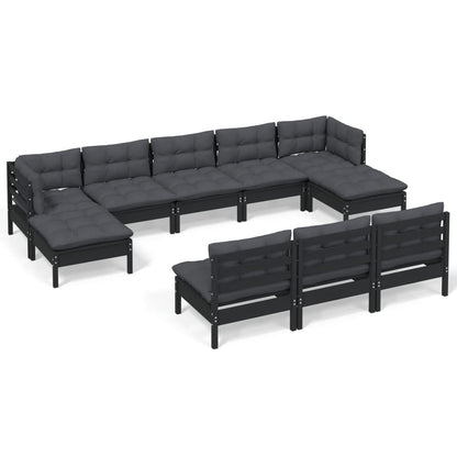 10-tlg. Garten-Lounge-Set mit Kissen Schwarz Kiefernholz