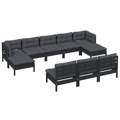 10-tlg. Garten-Lounge-Set mit Kissen Schwarz Kiefernholz