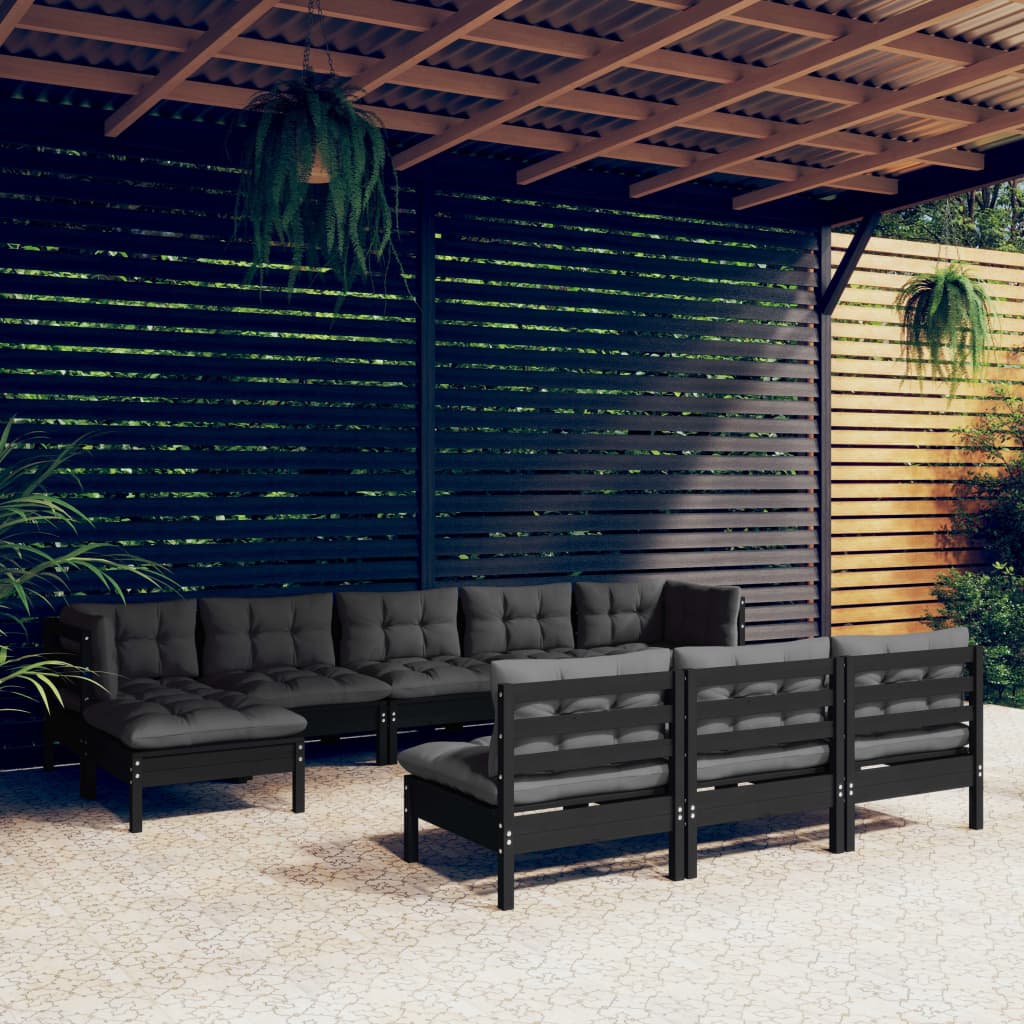 10-tlg. Garten-Lounge-Set mit Kissen Schwarz Kiefernholz