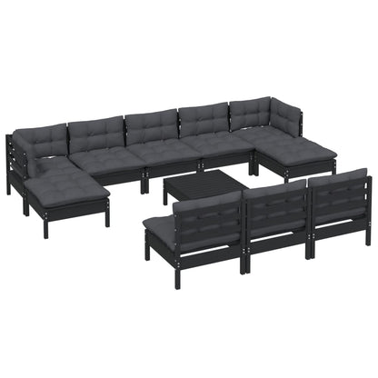 11-tlg. Garten-Lounge-Set mit Kissen Schwarz Kiefernholz