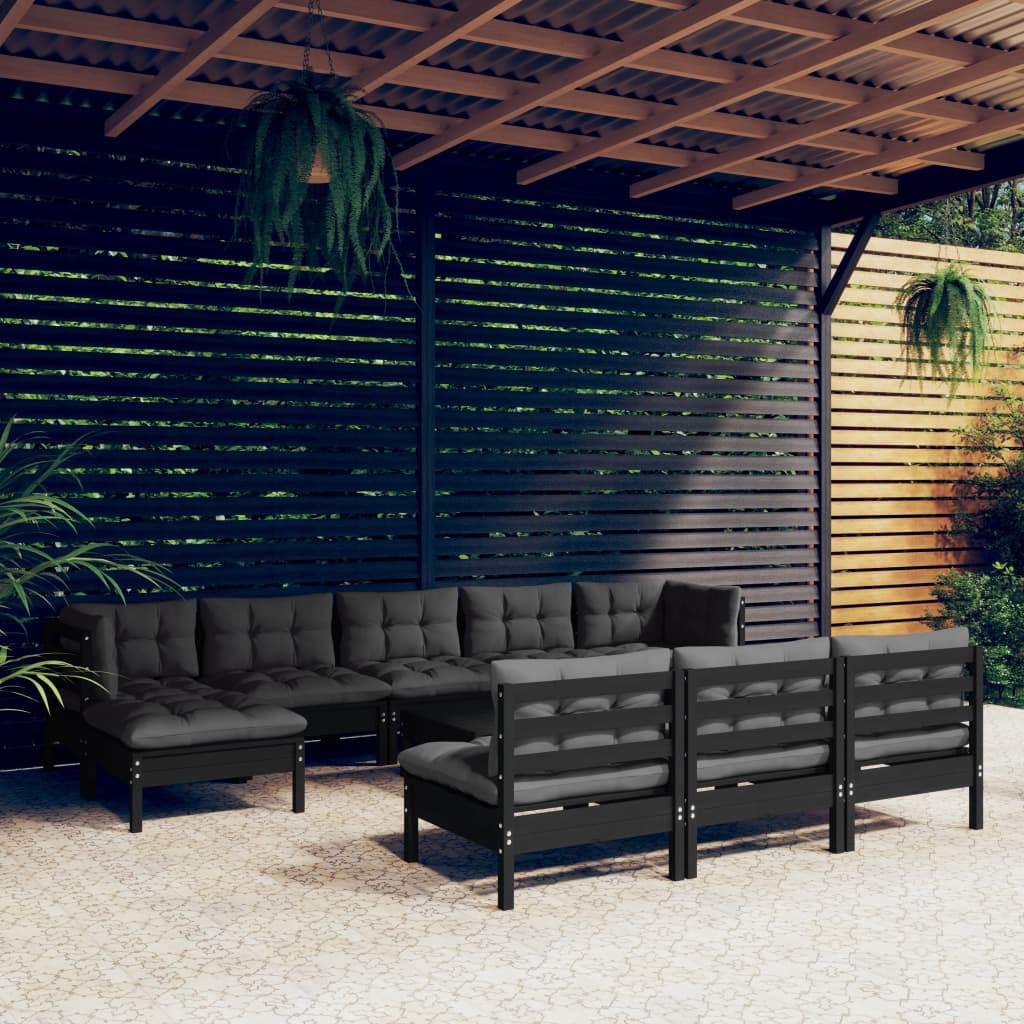 11-tlg. Garten-Lounge-Set mit Kissen Schwarz Kiefernholz