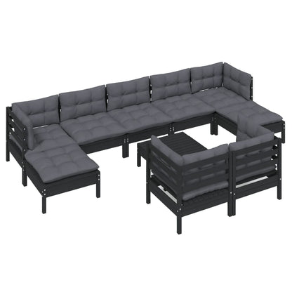 10-tlg. Garten-Lounge-Set mit Kissen Schwarz Kiefer Massivholz