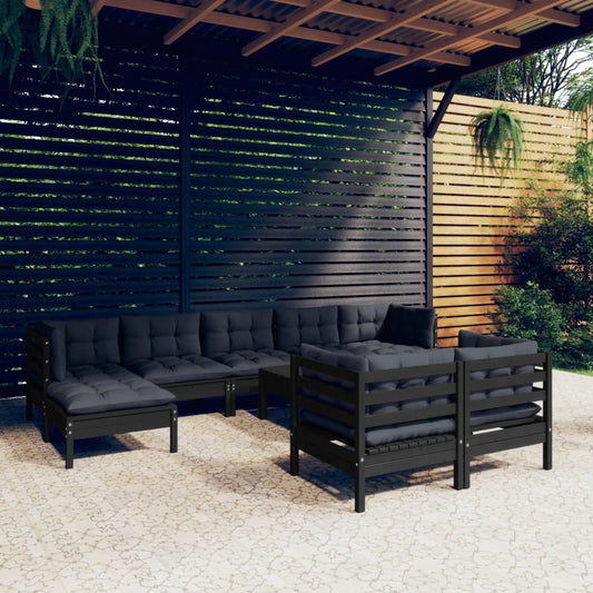 10-tlg. Garten-Lounge-Set mit Kissen Schwarz Kiefer Massivholz