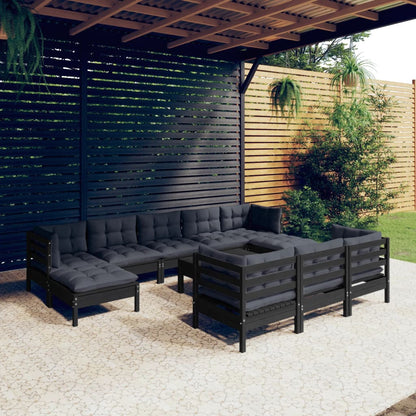 11-tlg. Garten-Lounge-Set mit Kissen Schwarz Kiefer Massivholz