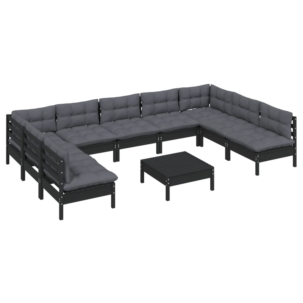 10-tlg. Garten-Lounge-Set mit Kissen Schwarz Massivholz Kiefer