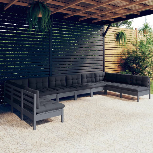 10-tlg. Garten-Lounge-Set mit Kissen Grau Kiefer Massivholz