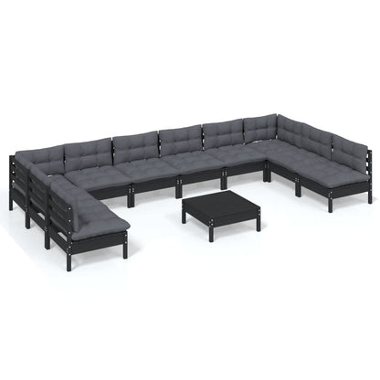 11-tlg. Garten-Lounge-Set mit Kissen Schwarz Kiefer Massivholz