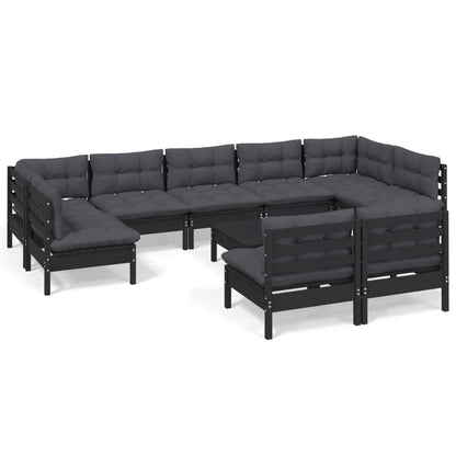 10-tlg. Garten-Lounge-Set mit Kissen Schwarz Massivholz Kiefer