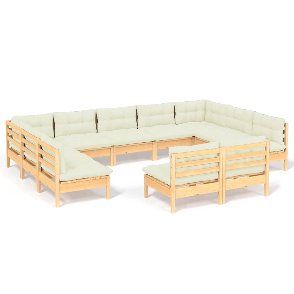 11-tlg. Garten-Lounge-Set mit Creme Kissen Massivholz Kiefer