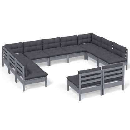 11-tlg. Garten-Lounge-Set mit Kissen Grau Kiefer Massivholz