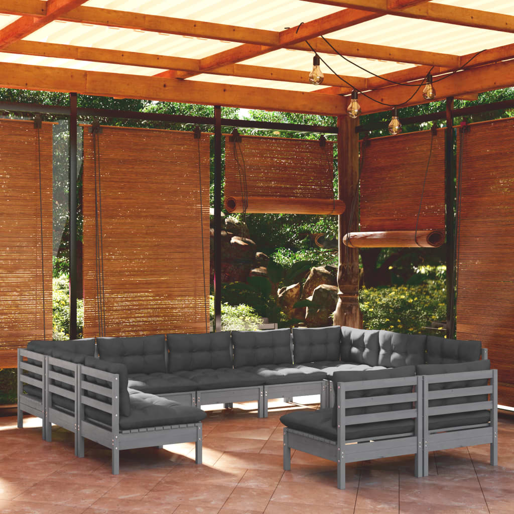 11-tlg. Garten-Lounge-Set mit Kissen Grau Kiefer Massivholz