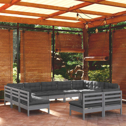 11-tlg. Garten-Lounge-Set mit Kissen Grau Kiefer Massivholz