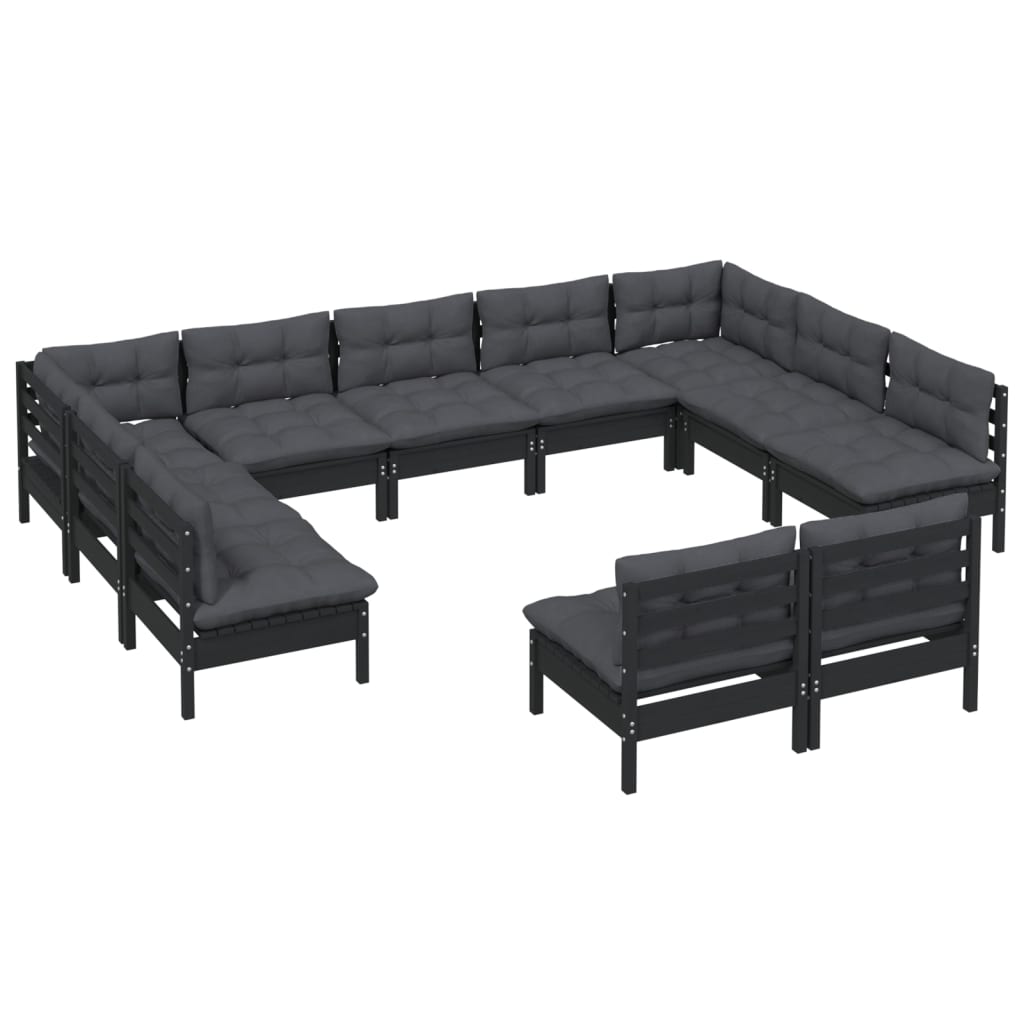 11-tlg. Garten-Lounge-Set mit Kissen Schwarz Kiefer Massivholz