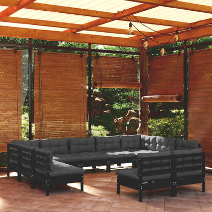 11-tlg. Garten-Lounge-Set mit Kissen Schwarz Kiefer Massivholz