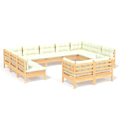 11-tlg. Garten-Lounge-Set mit Creme Kissen Massivholz Kiefer