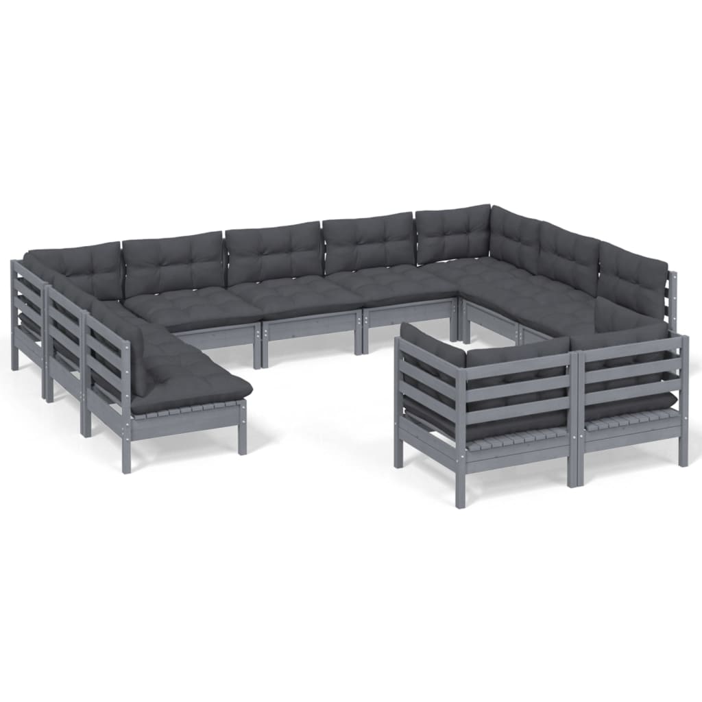 11-tlg. Garten-Lounge-Set mit Kissen Grau Kiefer Massivholz