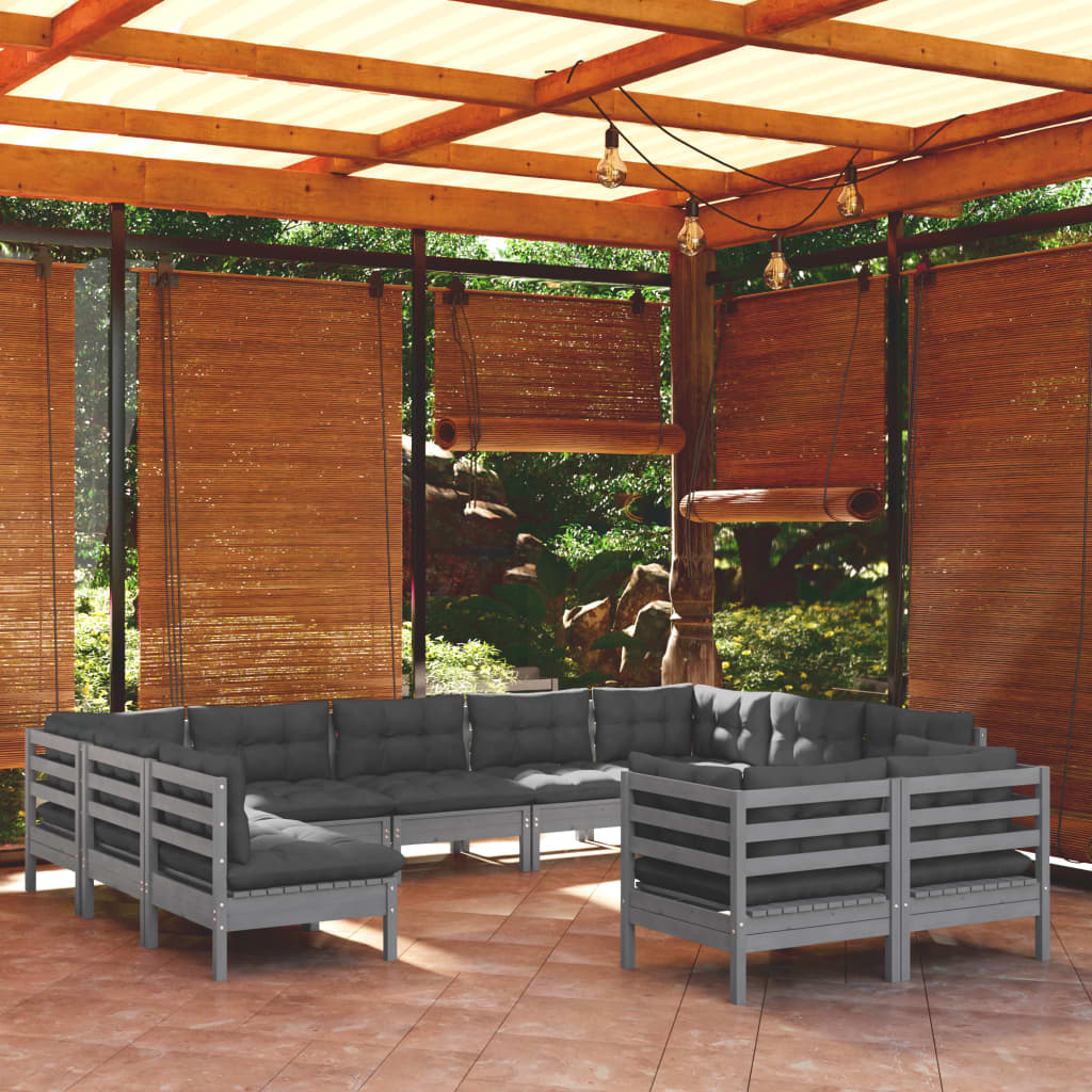 11-tlg. Garten-Lounge-Set mit Kissen Grau Kiefer Massivholz