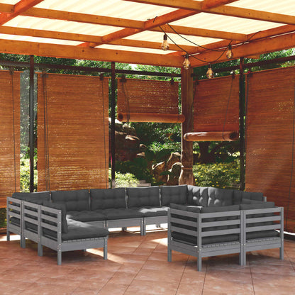 11-tlg. Garten-Lounge-Set mit Kissen Grau Kiefer Massivholz