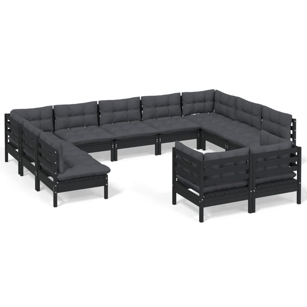 11-tlg. Garten-Lounge-Set mit Kissen Schwarz Massivholz Kiefer