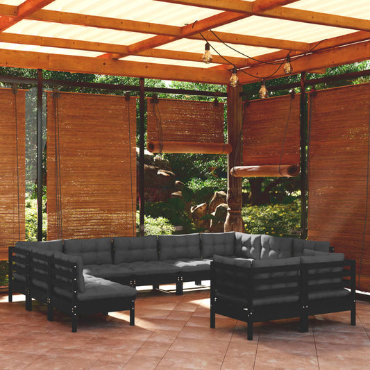 11-tlg. Garten-Lounge-Set mit Kissen Schwarz Massivholz Kiefer