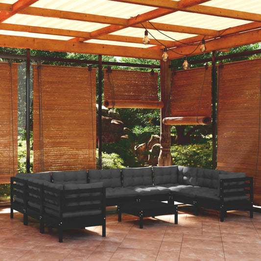 10-tlg. Garten-Lounge-Set mit Kissen Schwarz Kiefernholz