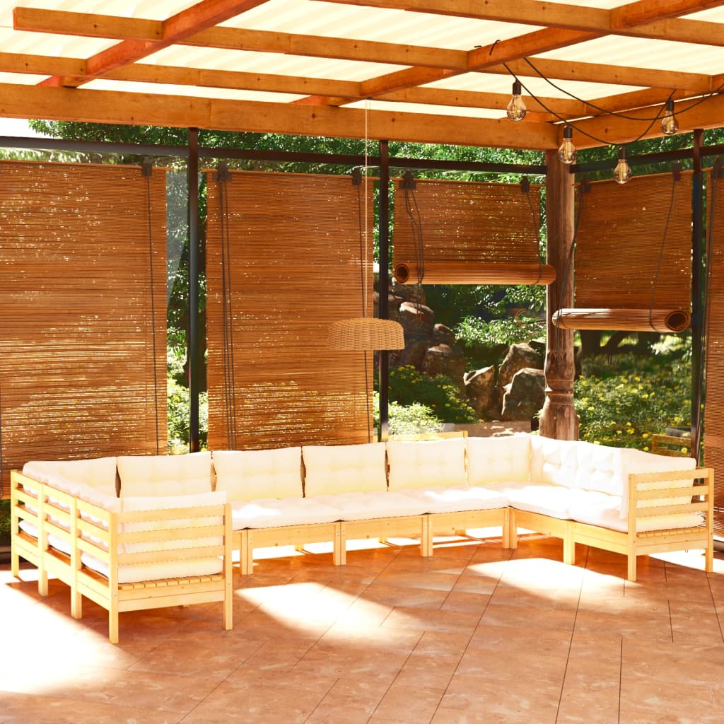 10-tlg. Garten-Lounge-Set mit Creme Kissen Kiefernholz