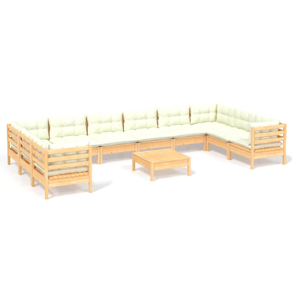 11-tlg. Garten-Lounge-Set mit Creme Kissen Kiefernholz