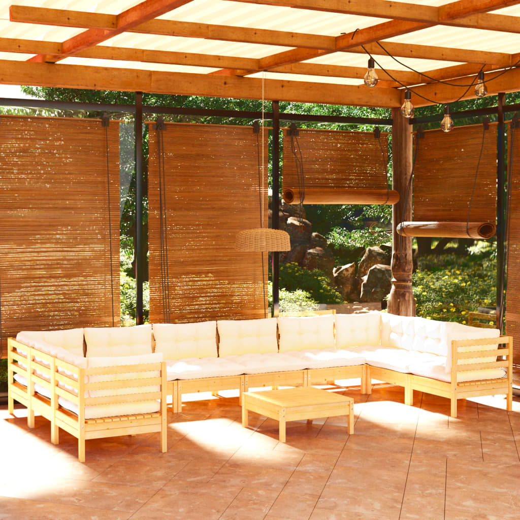 11-tlg. Garten-Lounge-Set mit Creme Kissen Kiefernholz