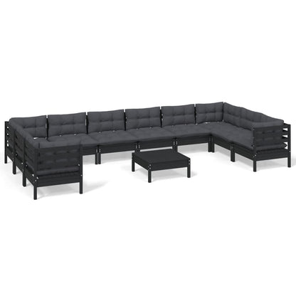 11-tlg. Garten-Lounge-Set mit Kissen Schwarz Kiefernholz