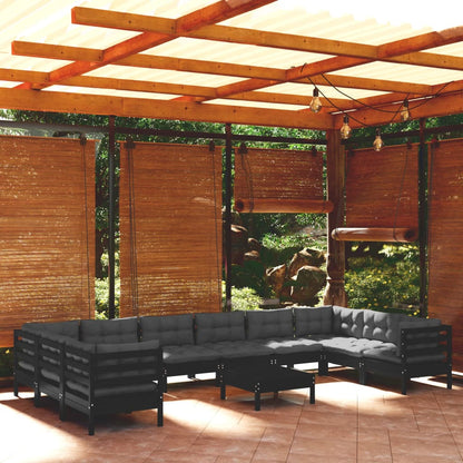 11-tlg. Garten-Lounge-Set mit Kissen Schwarz Kiefernholz