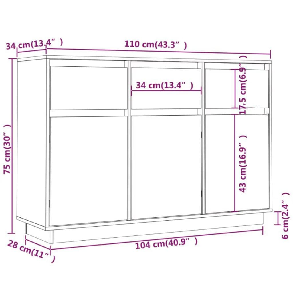 Sideboard Weiß 110x34x75 cm Massivholz Kiefer