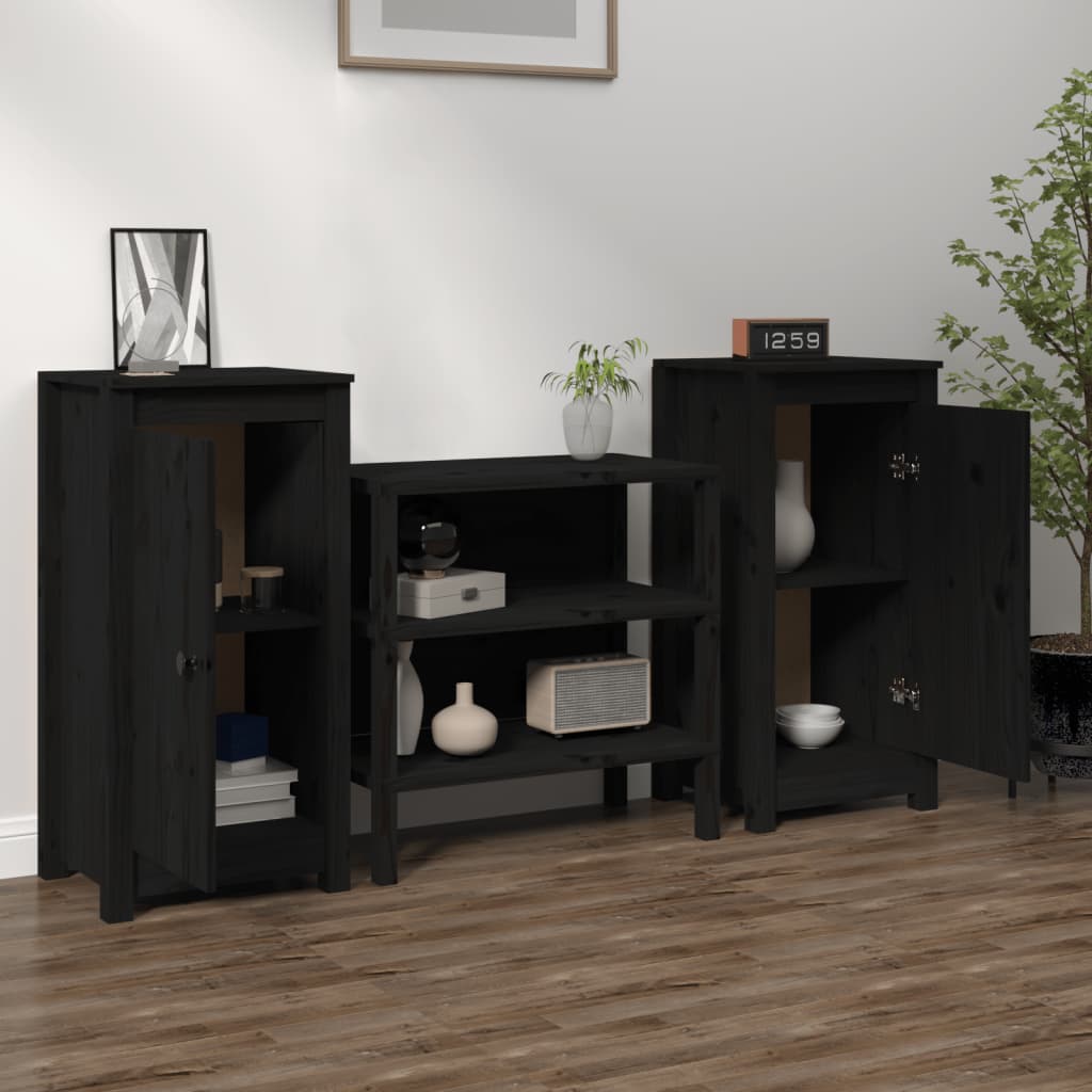 Sideboards 2 Stk. Schwarz 39x35x80 cm Massivholz Kiefer