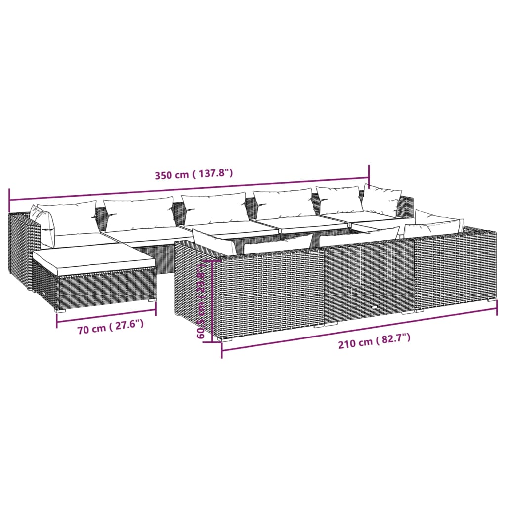 10-tlg. Garten-Lounge-Set mit Kissen Braun Poly Rattan