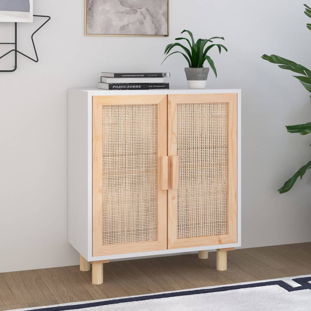 Sideboard Weiß 60x30x70 cm Massivholz Kiefer und Natur-Rattan