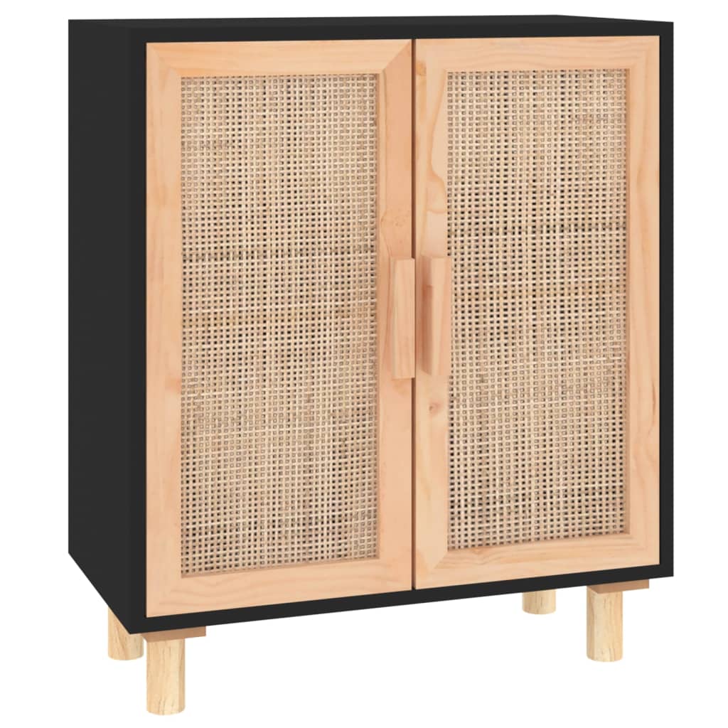 Sideboard Schwarz 60x30x70cm Massivholz Kiefer und Natur-Rattan