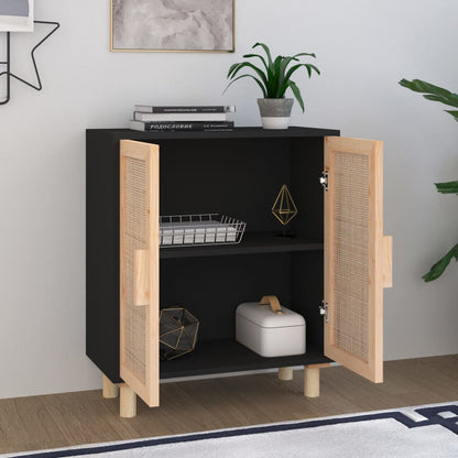 Sideboard Schwarz 60x30x70cm Massivholz Kiefer und Natur-Rattan