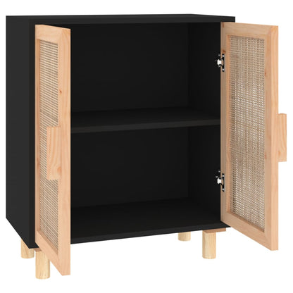 Sideboard Schwarz 60x30x70cm Massivholz Kiefer und Natur-Rattan