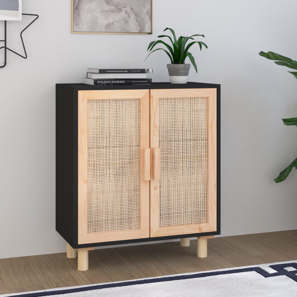 Sideboard Schwarz 60x30x70cm Massivholz Kiefer und Natur-Rattan