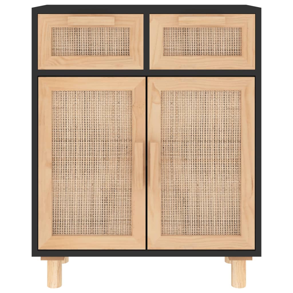 Sideboard Schwarz 60x30x75cm Massivholz Kiefer und Natur-Rattan