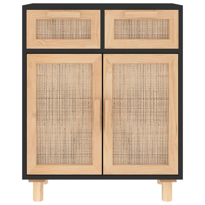 Sideboard Schwarz 60x30x75cm Massivholz Kiefer und Natur-Rattan