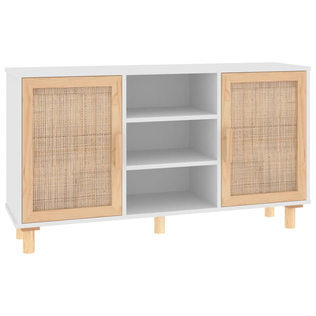 Sideboard Weiß 105x30x60 cm Massivholz Kiefer und Natur-Rattan