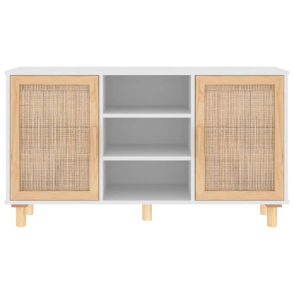 Sideboard Weiß 105x30x60 cm Massivholz Kiefer und Natur-Rattan