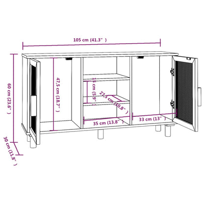 Sideboard Weiß 105x30x60 cm Massivholz Kiefer und Natur-Rattan