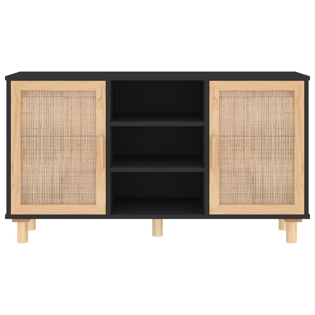 Sideboard Schwarz 105x30x60 cm Massivholz Kiefer Natur-Rattan