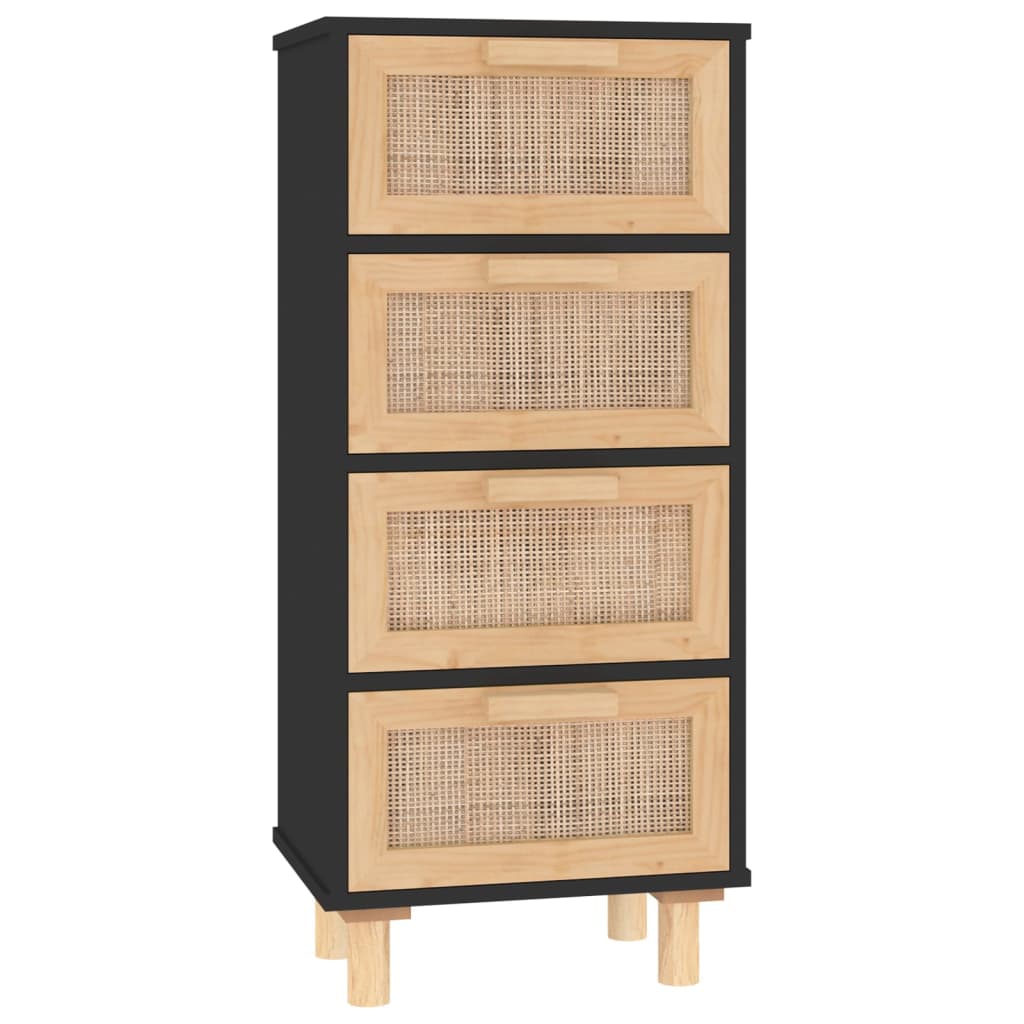 Sideboard Schwarz 40x30x90cm Massivholz Kiefer und Natur-Rattan